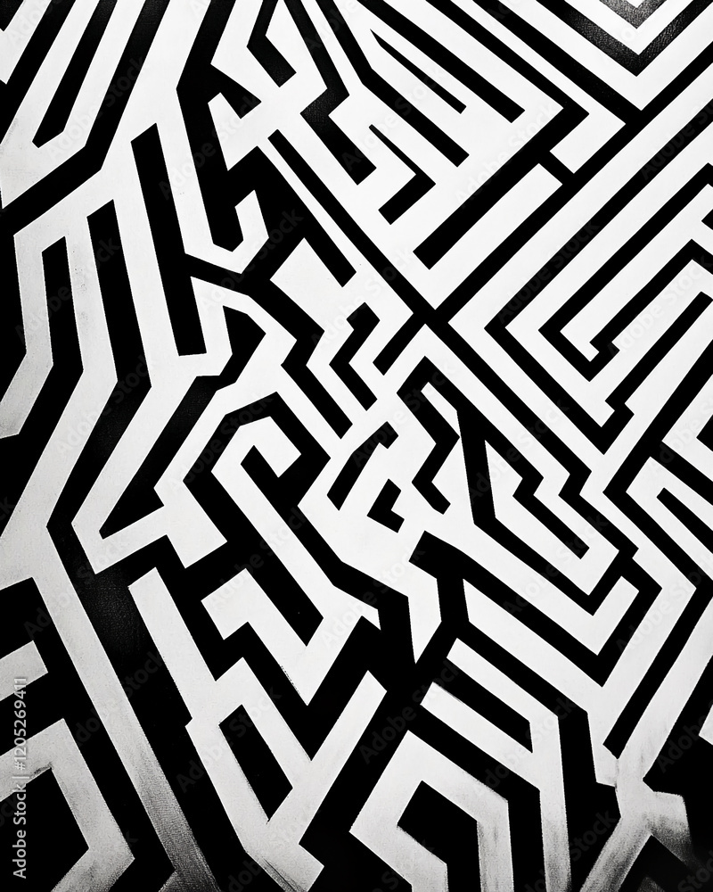 Poster Black and white abstract geometric maze pattern with bold lines and sharp angles