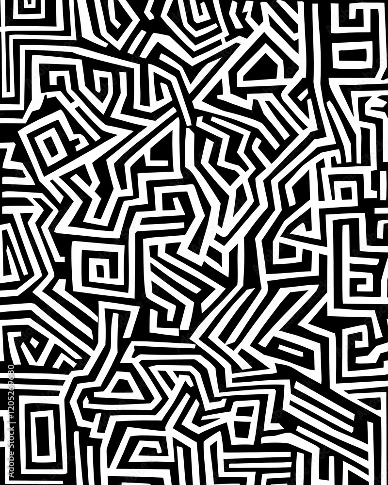 Poster Abstract black and white geometric maze pattern with sharp angles and clean lines