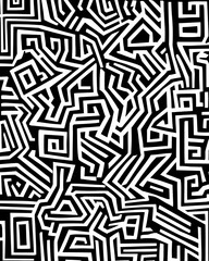 Abstract black and white geometric maze pattern with sharp angles and clean lines