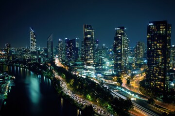 Fototapeta premium Aerial view of a sprawling metropolis at night cityscape photography urban landscape dynamic environment high perspective illuminated skyscrapers