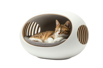 A cozy design cat bed featuring a sleek, modern shape. The content feline enjoys a peaceful nap in this stylish and comfortable space.