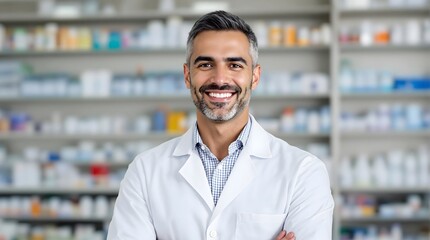 Fototapeta premium Smiling pharmacist in a clean, organized pharmacy filled with medicine shelves (Healthcare)