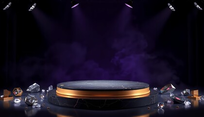 Obraz premium Luxurious Dark Purple and Gold Podium Display with Sparkling Gems for Product Promotion and Elegant Presentation