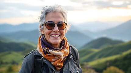 Naklejka premium Older woman enjoying a scenic mountain view at sunset, smiling warmly (Travel, Aging)