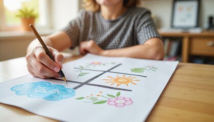 Woman drawing nature illustrations on paper