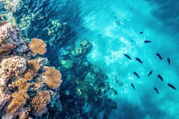 Obraz premium Aerial view of a vibrant coral reef teeming with marine life tropical ocean nature photography underwater paradise scenic perspective conservation concept