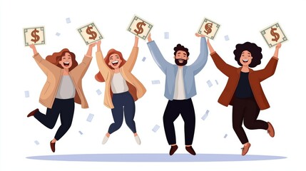 Obraz premium A cartoon-style illustration of a joyful team celebrating success, holding dollar bill signs and jumping with excitement, surrounded by falling money