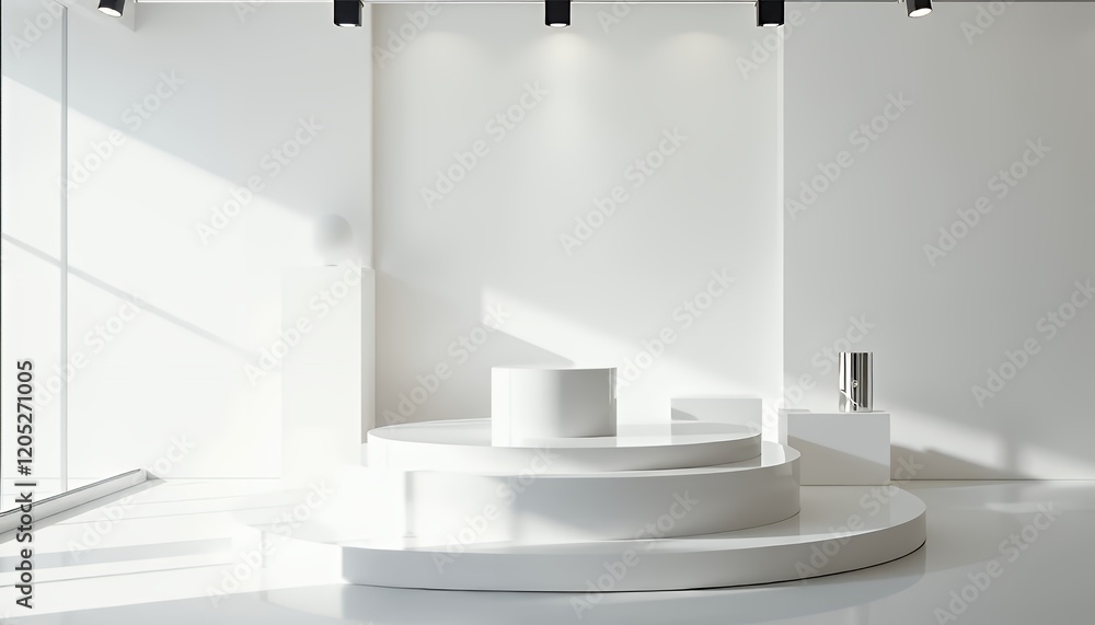 Poster minimalist white podium display for product promotion and presentation in a modern and clean studio 