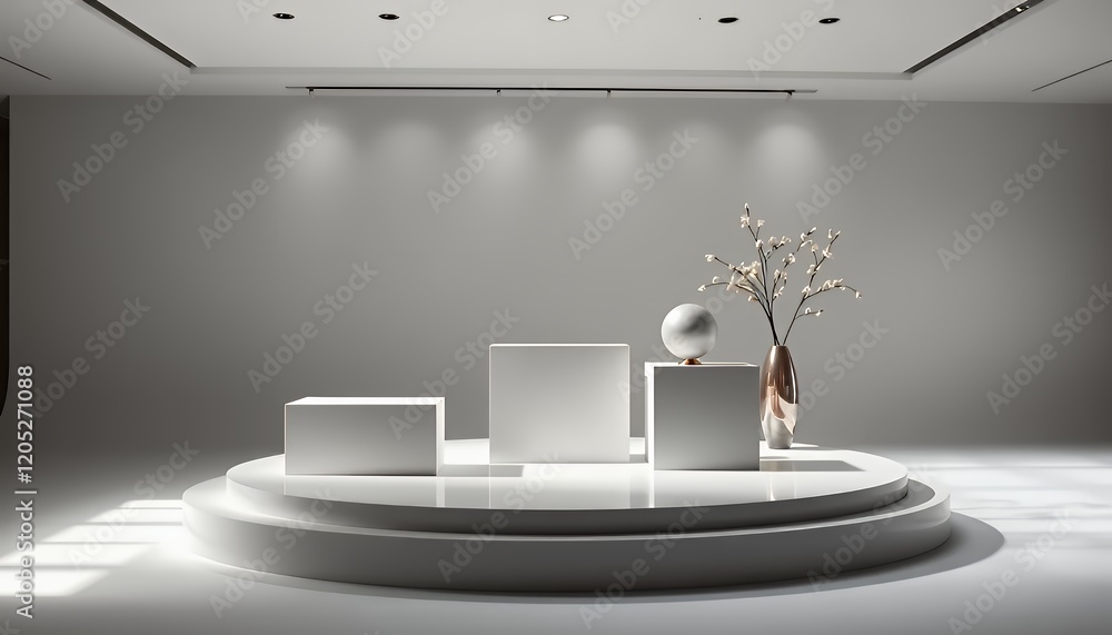 Poster minimalist white podium display with decor for product promotion and presentation in modern clean st