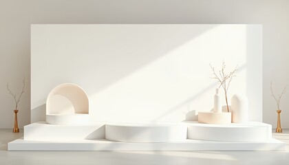 Minimalist White Podium Display with Elegant Decor and Soft Sunlight for Product Promotion and Branding Mockup