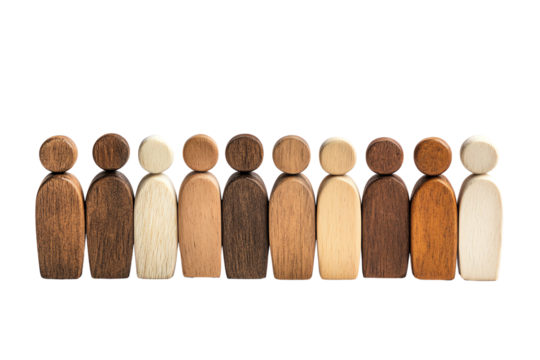 A diverse group of wooden figurines representing unity and diversity in society, showcasing different shades and designs, symbolizing inclusivity.