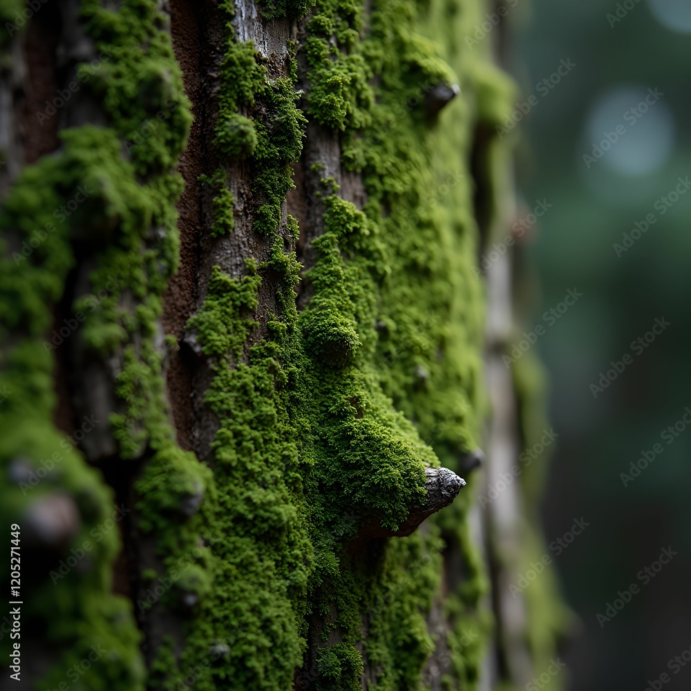Poster a tree trunk covered in green moss, with the moss forming a dense and vibrant growth along the bark.