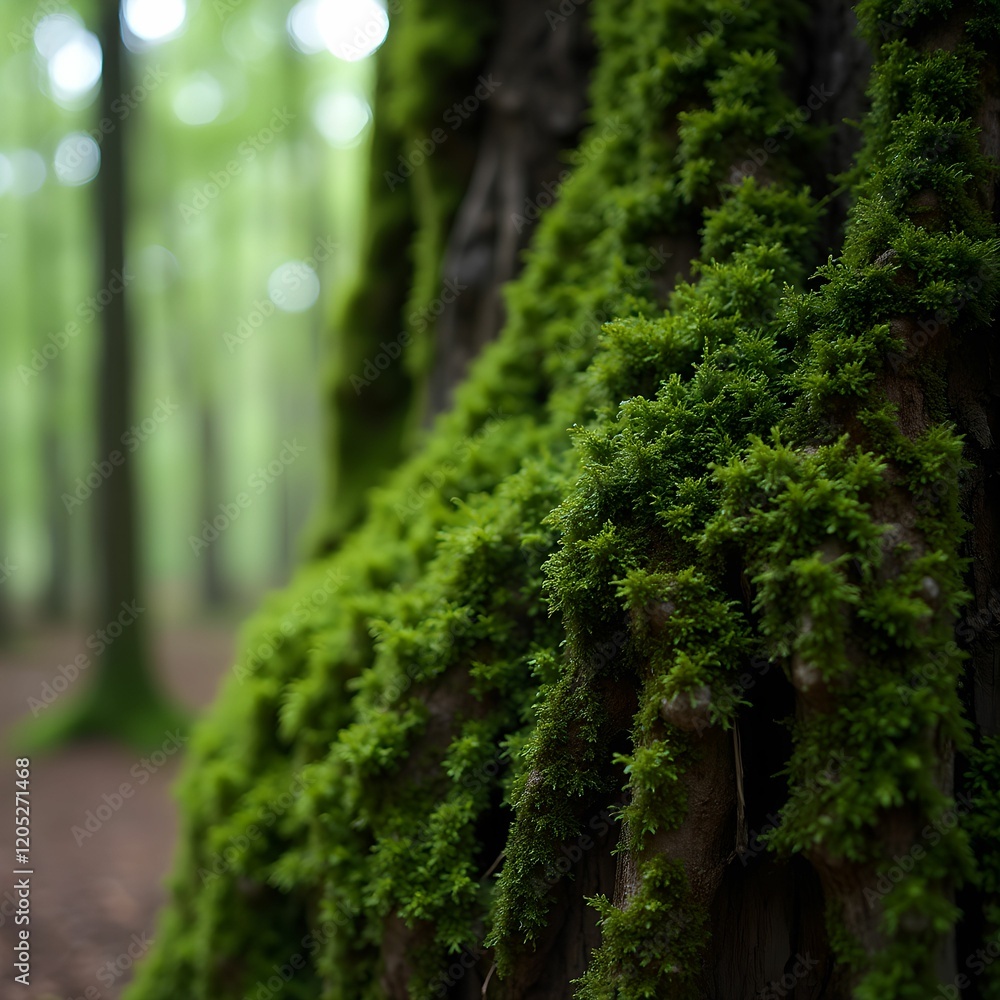 Poster a tree trunk covered in green moss, with the moss forming a dense and vibrant growth along the bark.