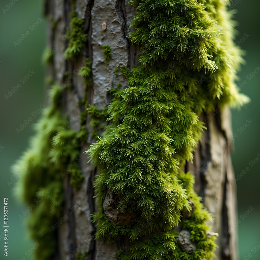 Poster a tree trunk covered in green moss, with the moss forming a dense and vibrant growth along the bark.