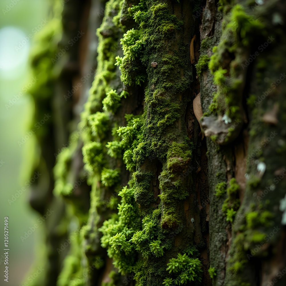 Aufkleber a close-up view of a tree trunk covered in vibrant green moss, with a brown caterpillar climbing up 