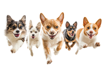 A joyful group of five dogs running together in a lively and playful manner, showcasing their energy and excitement.