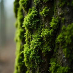 Fototapeta premium a close-up view of a tree trunk covered in green moss. The moss appears lush and dense, clinging tightly to the rough texture of the bark. The background is blurred, drawing focus to the moss-covered