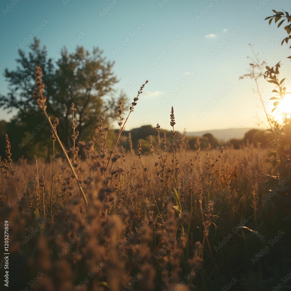 Poster a beautiful sunset scene with tall grass and trees in the background, creating a serene and peaceful