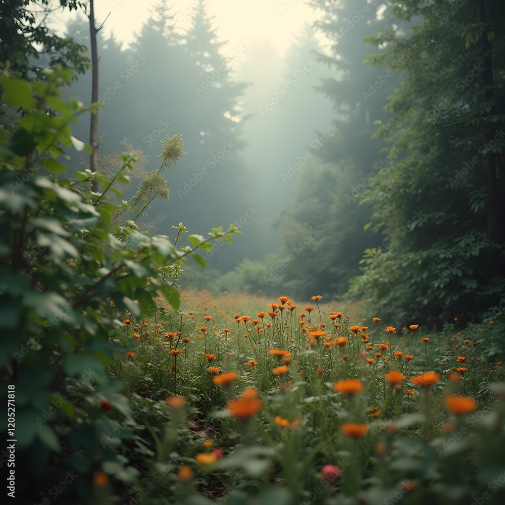 Poster  a serene forest scene with a field of orange flowers in the foreground, surrounded by tall trees and a misty atmosphere.