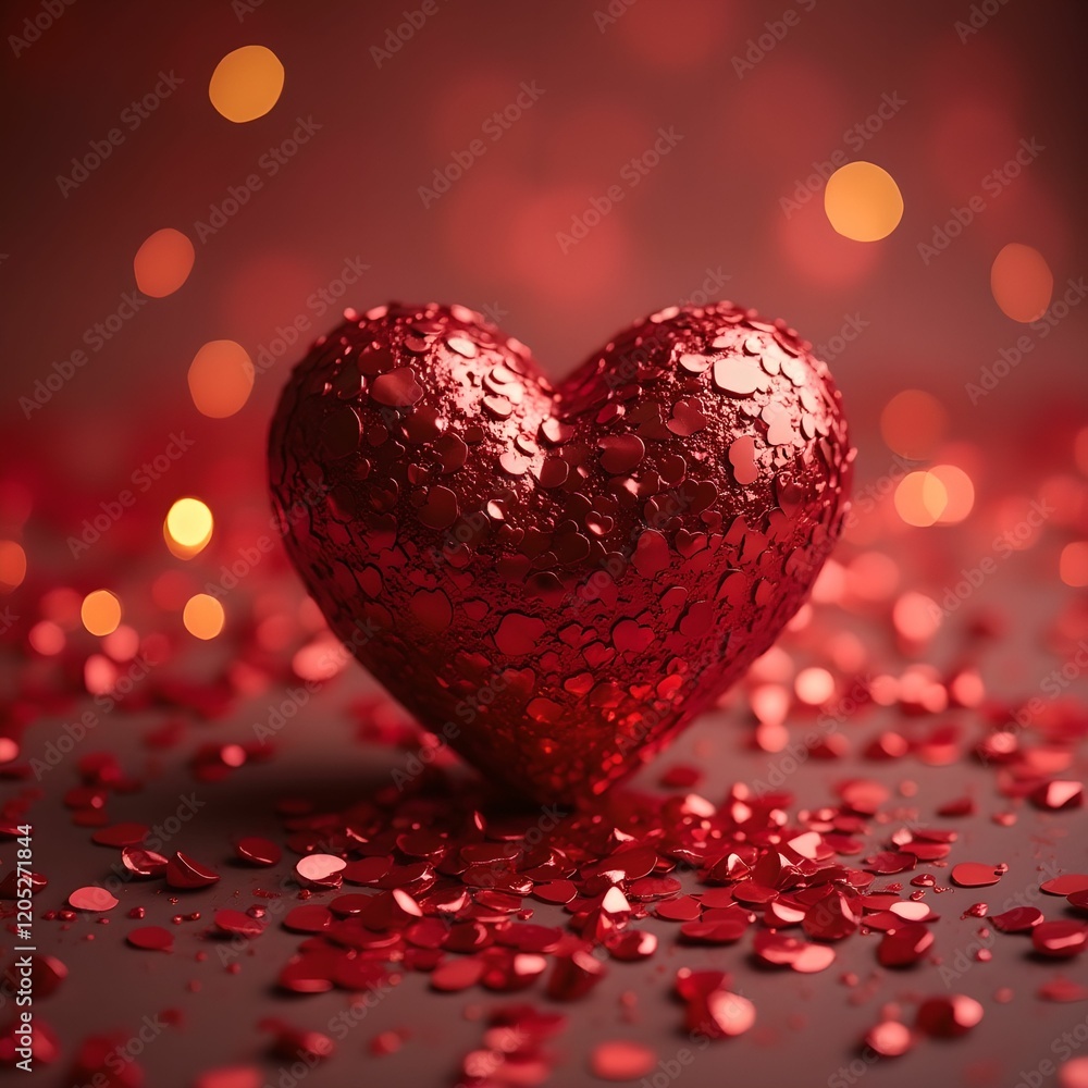 Poster a heart-shaped object covered in sparkles, surrounded by scattered sparkles on a dark background with blurred lights.