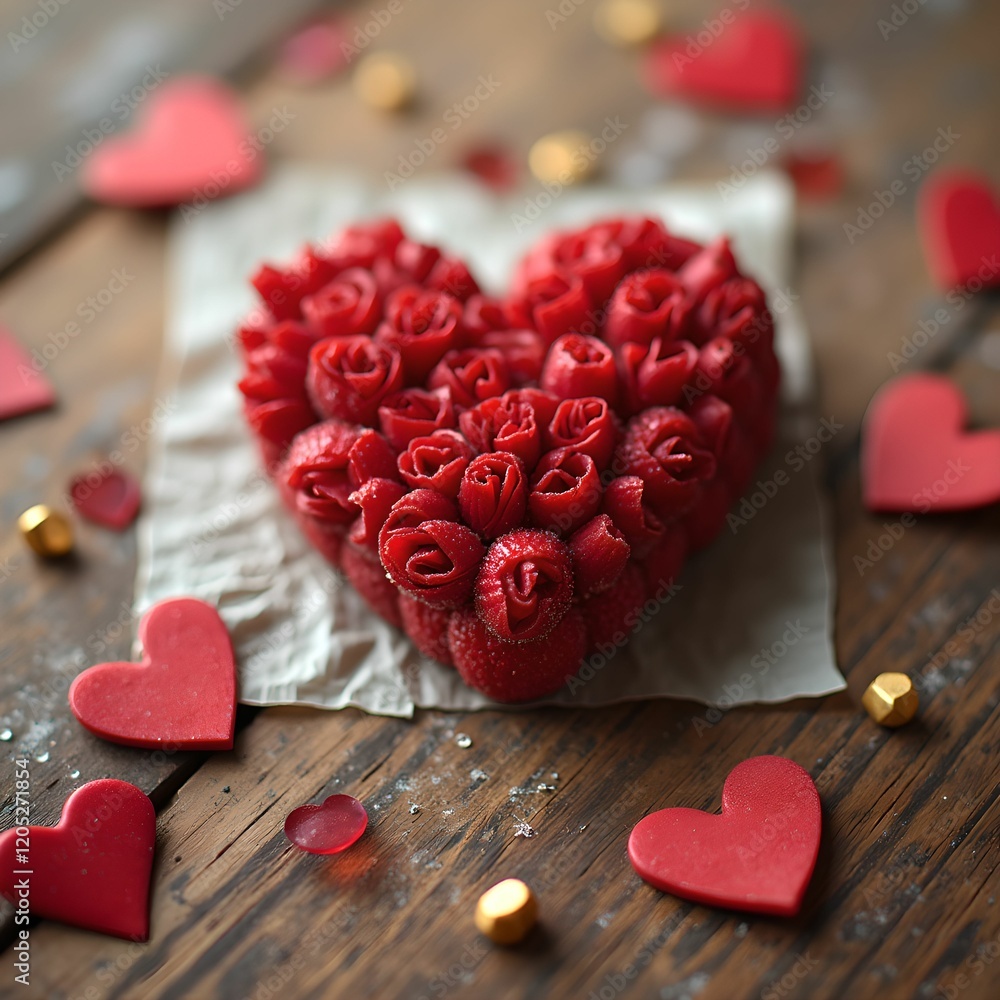 Poster a wooden table with multiple red hearts, some of which are clustered together and others scattered around.