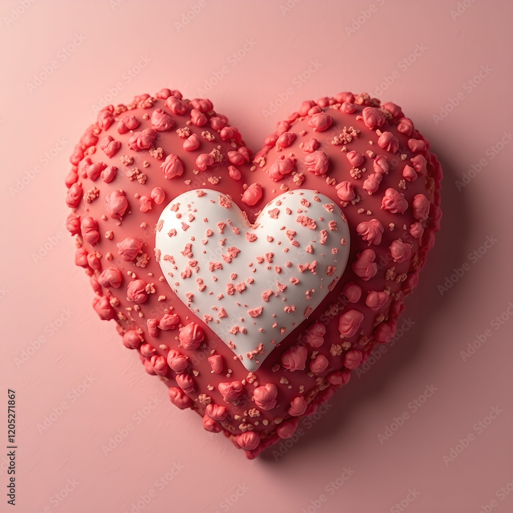 Poster hearts on a pink background. The top heart is white and has a pattern of small red hearts on it. The bottom heart is red and has a similar pattern of small white hearts on it.