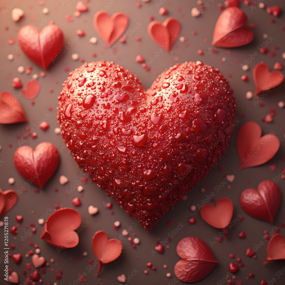 Poster a red heart with water droplets against a dark background surrounded by smaller red hearts, creating a romantic or Valentine's Day theme.