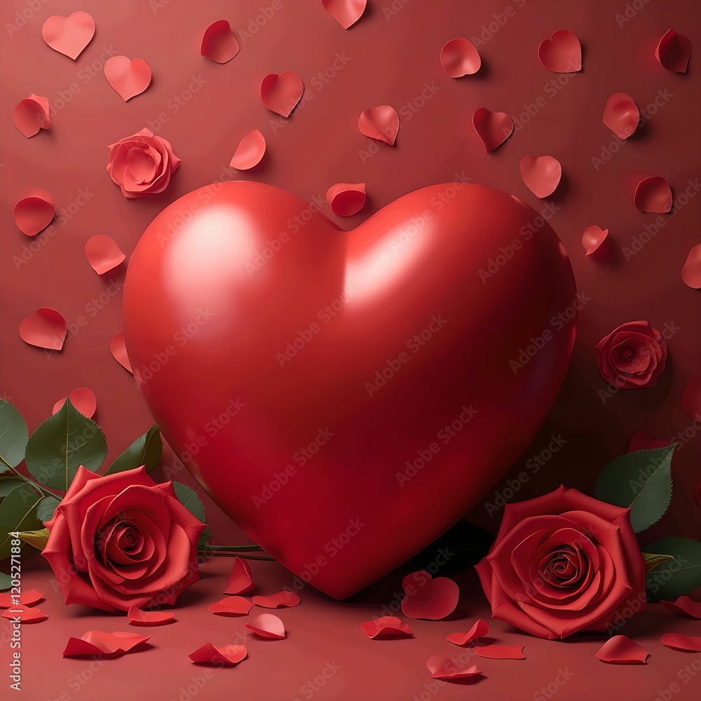 Poster red heart-shaped balloon surrounded by red roses and rose petals, creating a romantic and festive at