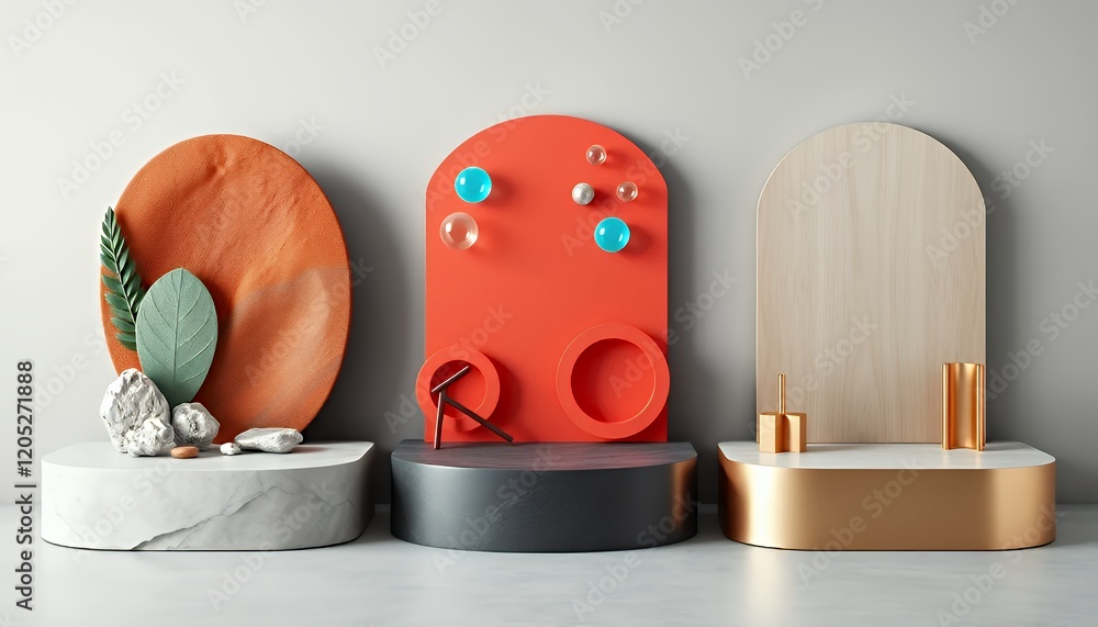 Poster modern minimalist podium display with geometric shapes and warm color palette for product promotion 