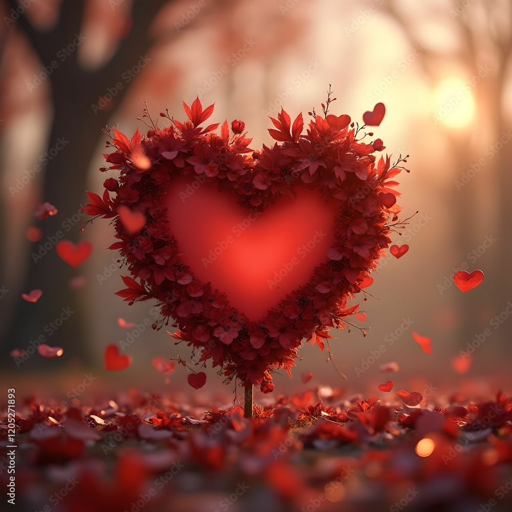 Poster a heart-shaped arrangement made from red leaves, surrounded by autumn leaves and a backdrop of a sun