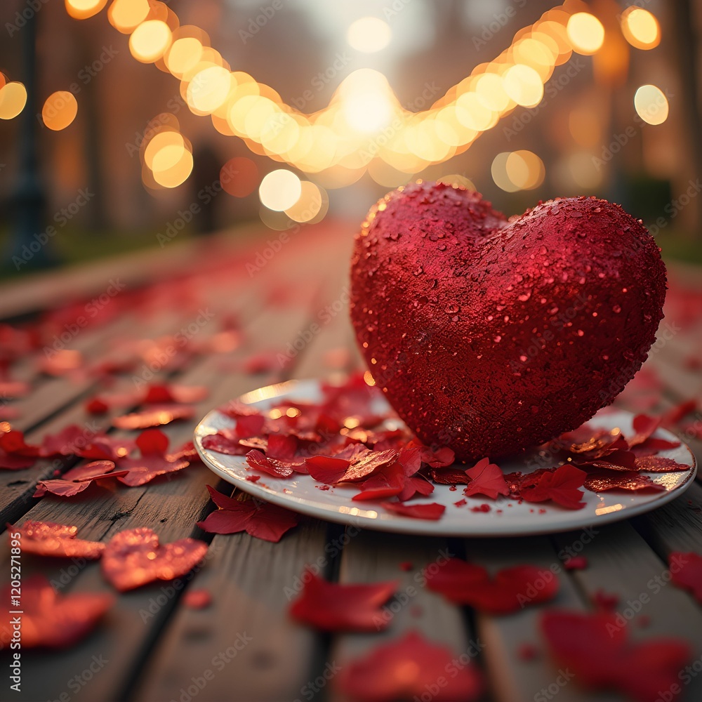 Poster a shiny, red heart-shaped object placed on a plate with scattered petals, all set against a festive bokeh background.