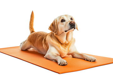 A playful golden retriever dog practicing yoga on an orange mat, showcasing a calm and focused demeanor, perfect for animal lovers and wellness themes.
