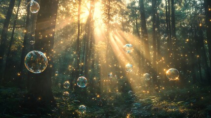 Sunlight streams through the trees as glowing bubbles float amidst magical sparkles in the forest