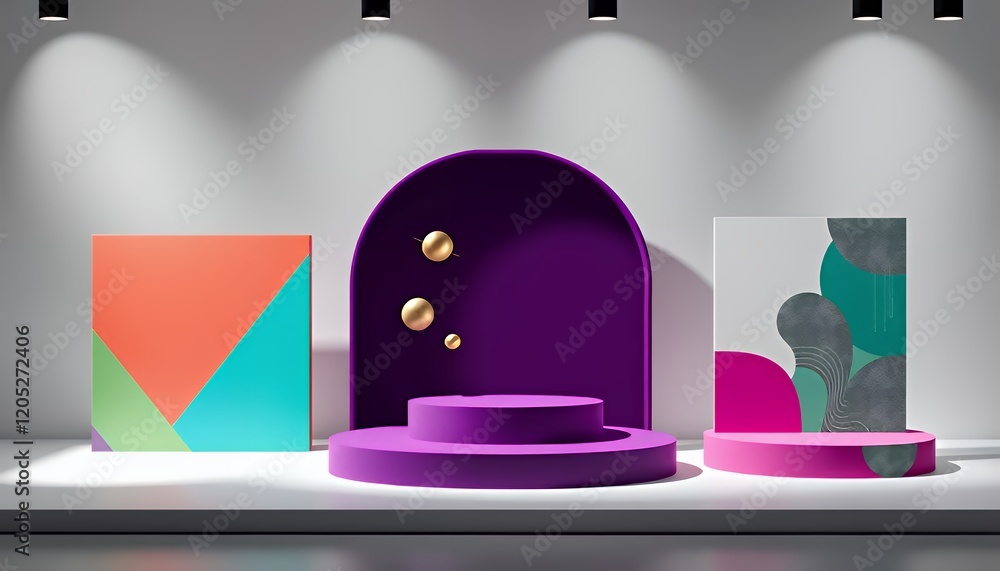 Poster modern product display podium with abstract geometric background and vibrant colors: a 3d render of 