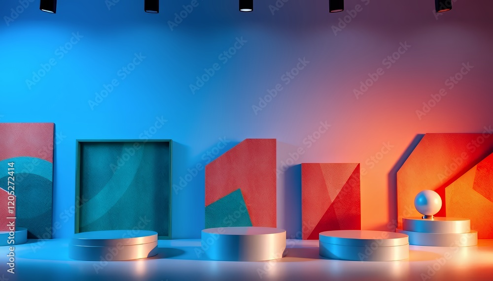 Poster modern product display podium with abstract geometric decor and warm and cool color gradient lightin