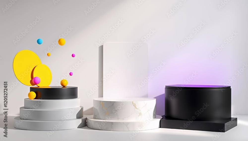 Poster modern product display podium with colorful abstract decor: 3d render of elegant geometric shapes an