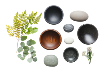 A serene arrangement of bowls, stones, and greenery for a calming aesthetic, perfect for wellness and nature-themed projects.