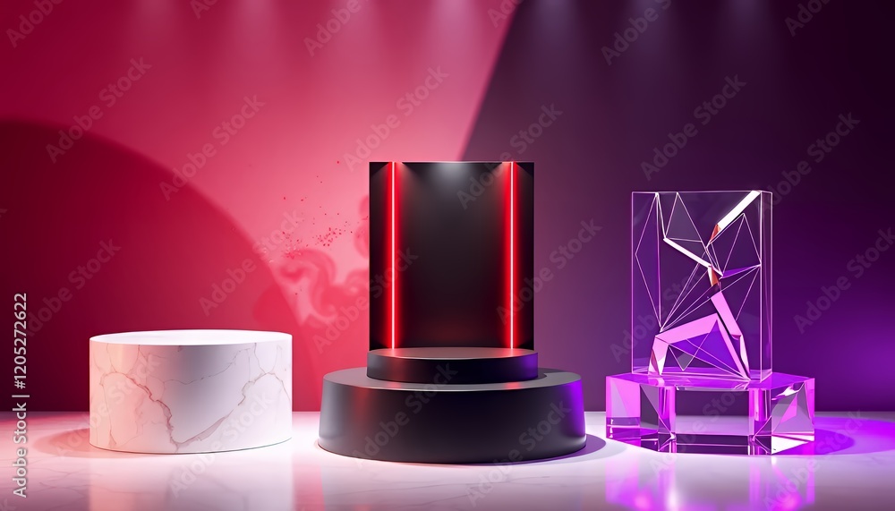 Poster modern product display podium with neon lights and abstract background: 3d render of minimalist geom