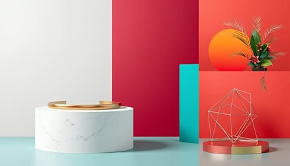 Modern Product Display Podium with Red and White Geometric Shapes and Floral Decor