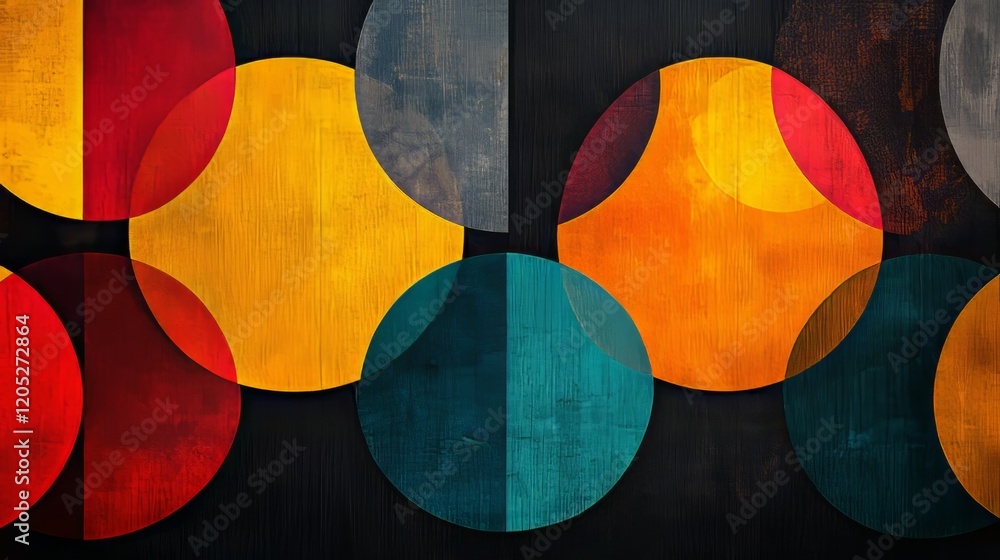 Poster minimalistic geometric circle pattern with vibrant hues on a charcoal background