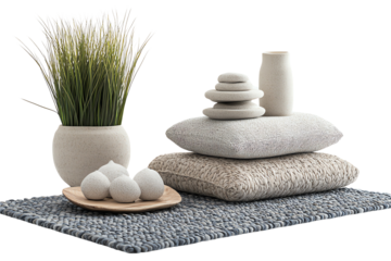 A serene arrangement showcasing natural elements like stones, pillows, and a vase with grass, perfect for creating a calming indoor atmosphere.