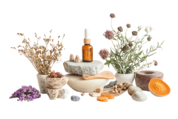 A serene display of natural beauty with herbal elements, essential oils, and organic materials, perfect for wellness and holistic living.