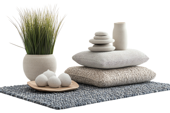 A serene arrangement showcasing natural elements like stones, pillows, and a vase with grass, perfect for creating a calming indoor atmosphere.