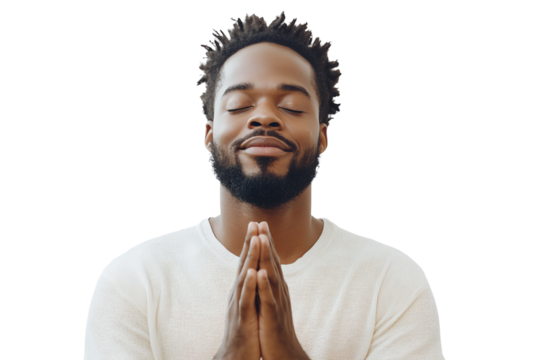 A serene man practices mindfulness with closed eyes, praying hands, showcasing peace and inner calm. Ideal for wellness and positivity themes.