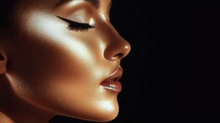 Fototapeta premium Golden Hour Glow: A Stunning Profile of a Woman with Shimmering Makeup