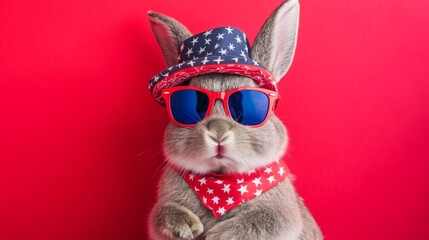 A stylish rabbit wearing sunglasses and a patriotic hat against a bright red background.