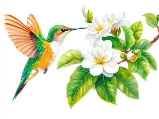 Obraz premium A vibrant hummingbird interacts with white flowers, showcasing nature's beauty.