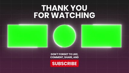Animated end screen for YouTube or social media videos. Features green screen placeholders for customization and a subscribe call to action.  Stylish retro design.