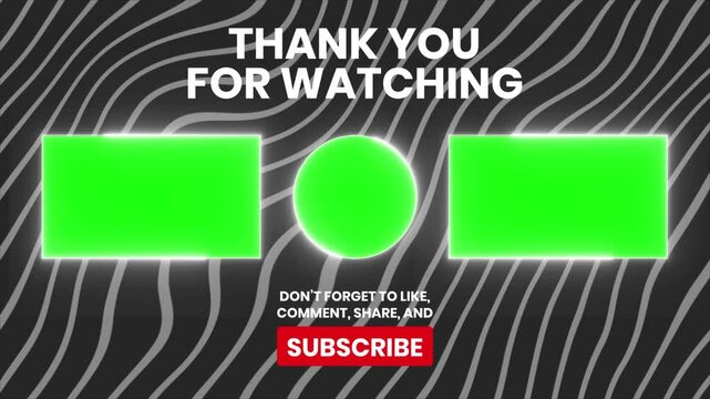 Animated end screen with green screen placeholders for your logo, social media, and call to action.  Perfect for YouTube, Twitch, and more.