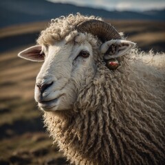 A woolly sheep wearing a tiny bell around its neck.